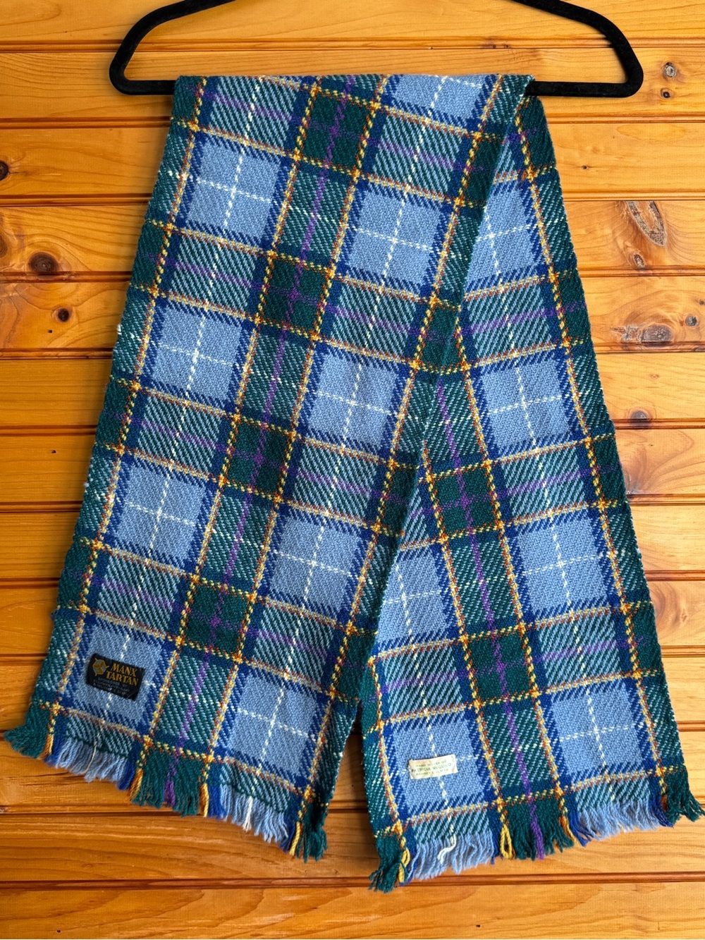 Vintage Manx Tartan Wool Scarf Hand Woven Plaid Fringe Patricia McQuaid 53”